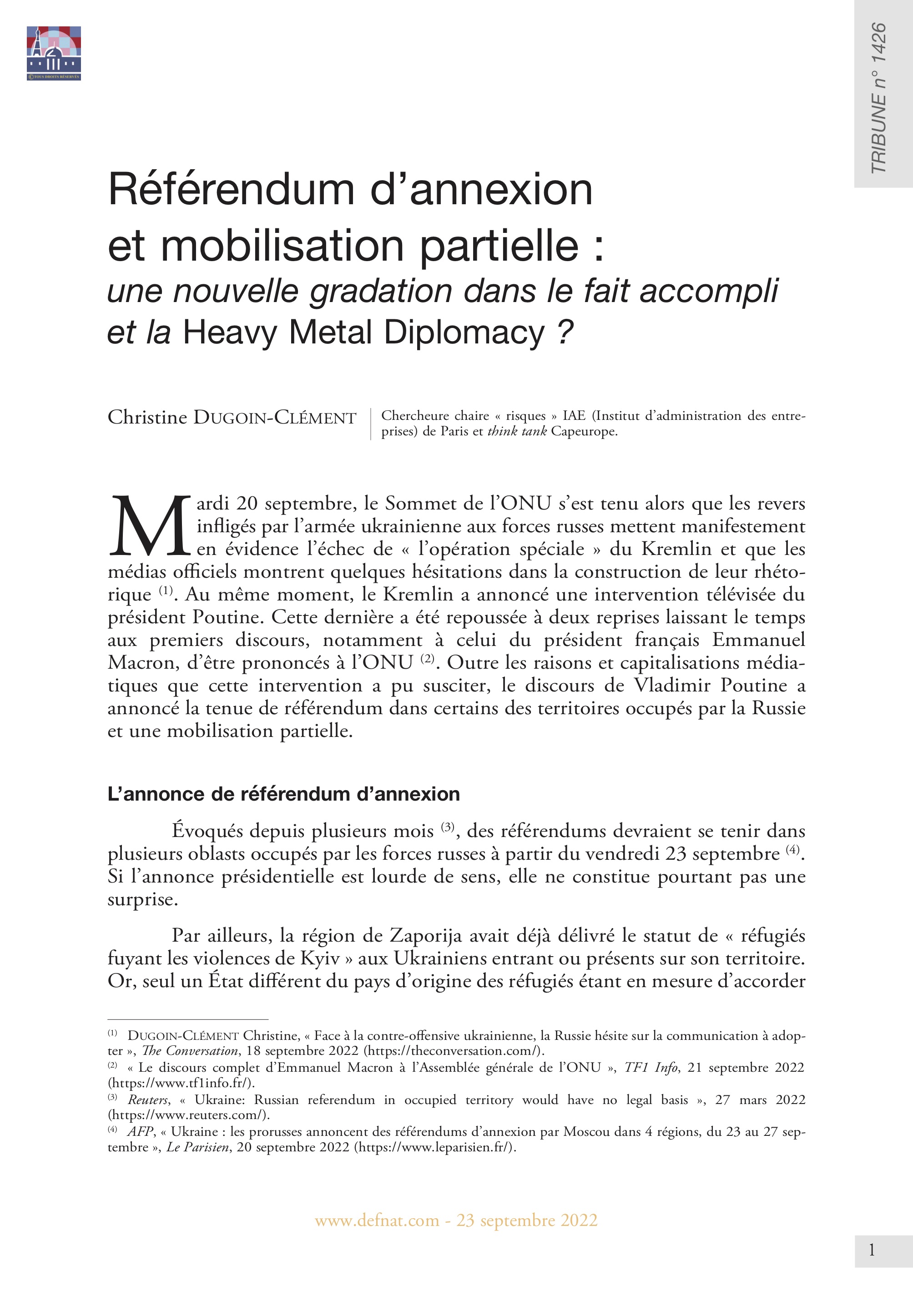 Référendum d’annexion et mobilisation partielle : une nouvelle gradation dans le fait accompli et la Heavy Metal Diplomacy ? (T 1426)
